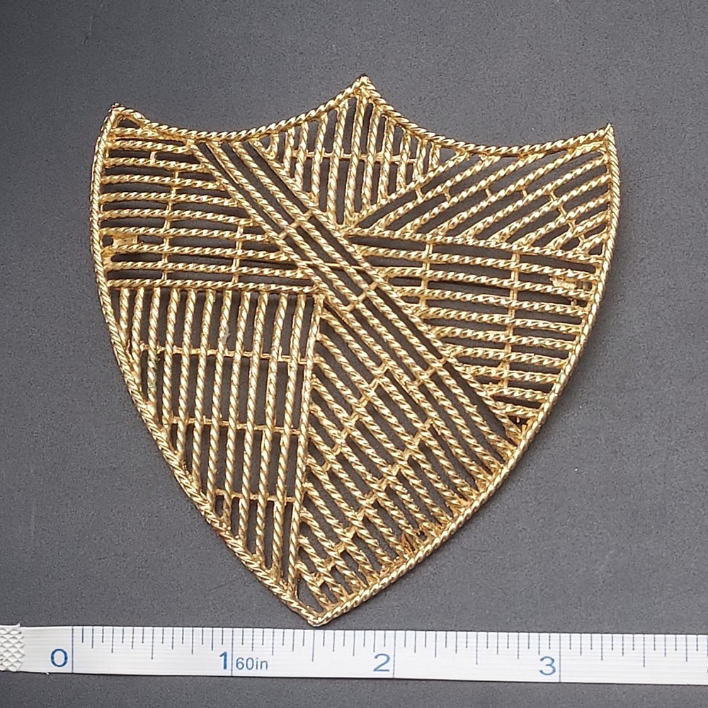 Vintage Large Gold Tone Sheild Brooch 1970s Costume Jewelry